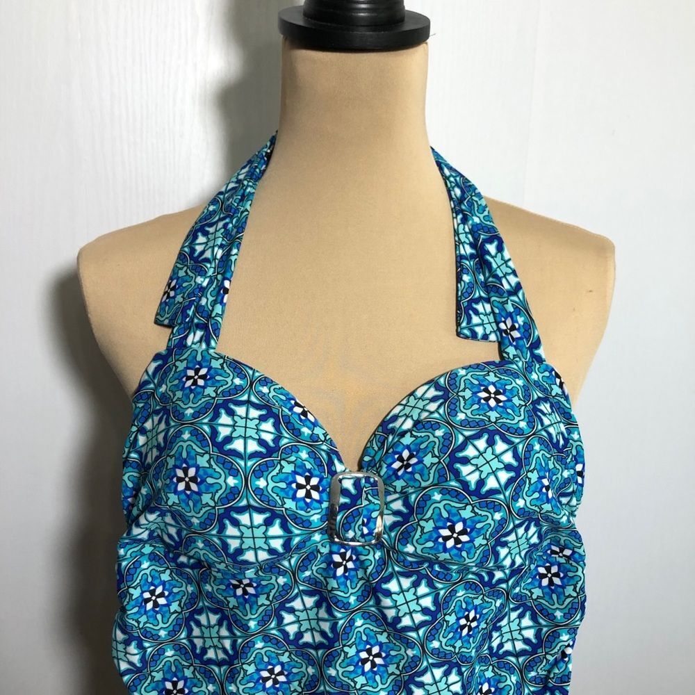 SPANX Assets Sara Blakely One Piece Swimsuit Medium Blue Fiesta Halter Ruched